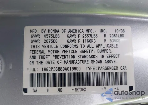 2009 Honda Accord 3.5 Ex-L from USA, damaged, VIN 1HGCP36889A019900